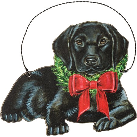 Ornament - Christmas Black Lab - 5" x 4.25" - Wood, Paper, Wire
