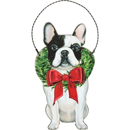 Ornament - Christmas Frenchie - 3" x 5" - Wood, Paper, Wire