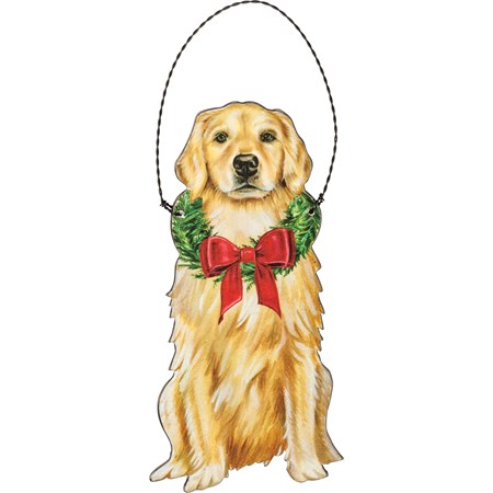 Ornament - Christmas Golden Retriever - 2.50" x 5" - Wood, Paper, Wire
