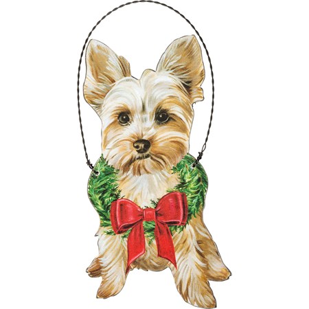 Ornament - Christmas Yorkie - 2.75" x 5" - Wood, Paper, Wire