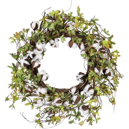 Greens And Cotton Wreath - Cotton, Wood, Wire, Fabric