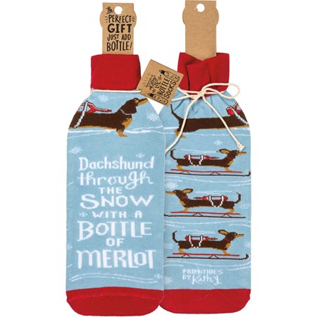 Bottle Sock - Dachshund Through The Snow  - 3.50" x 11.25", Fits 750mL to 1.5L bottles - Cotton, Nylon, Spandex