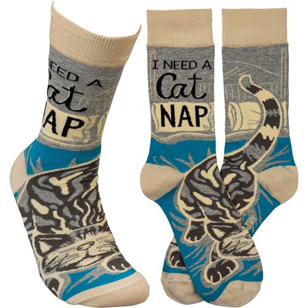 Socks - I Need A Cat Nap - One Size Fits Most - Cotton, Nylon, Spandex