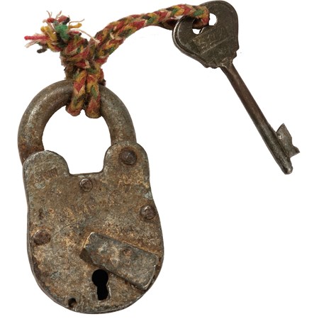 Lock & Key - Antique - 1.50" x 2.75" x 0.75" - Metal, Fabric