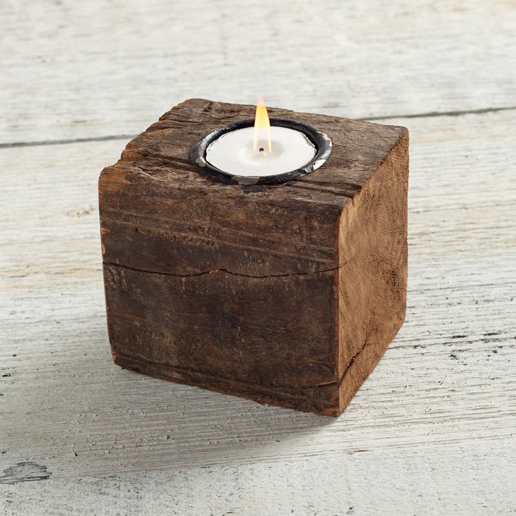 Wood Block Candle Holder - Wood, Metal