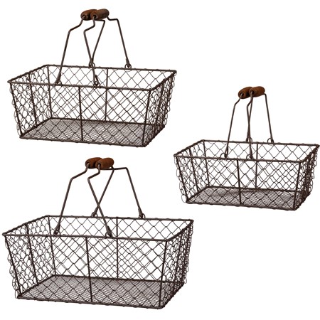 Wire Basket Set - Rectangle Hinged  - 12.50" x 5.25" x 9.50", 12" x 4.75" x 8.50", 10.50" x 4" x 7.50" - Wire, Wood