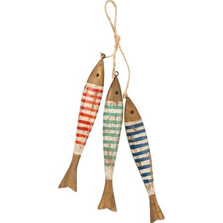 Hanging Decor - Striped Fish - 1" x 7.75" x 1.50" - Wood, Metal, Jute