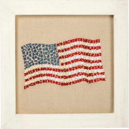 Stitchery - Flag Waving - 9" x 9" x 0.75" - Cotton, Linen, Wood