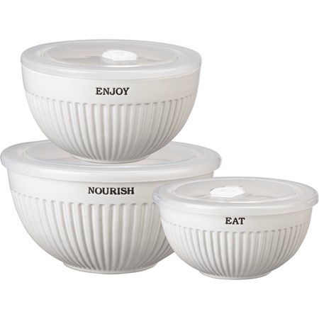 Bowl Set - Nourish Enjoy Eat - 8" Diameter x 4",  6.75" Diameter x 3.50", 6" Diameter x 3" - Stoneware, Plastic