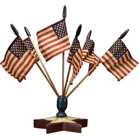 Star Flag Finial With Flags  - Wood, Metal, Fabric