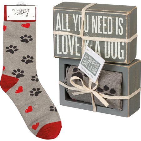 Box Sign & Sock Set - Love And A Dog - Box Sign: 4.50" x 3" x 1.75", Socks: One Size Fits Most - Wood, Cotton, Nylon, Spandex, Ribbon