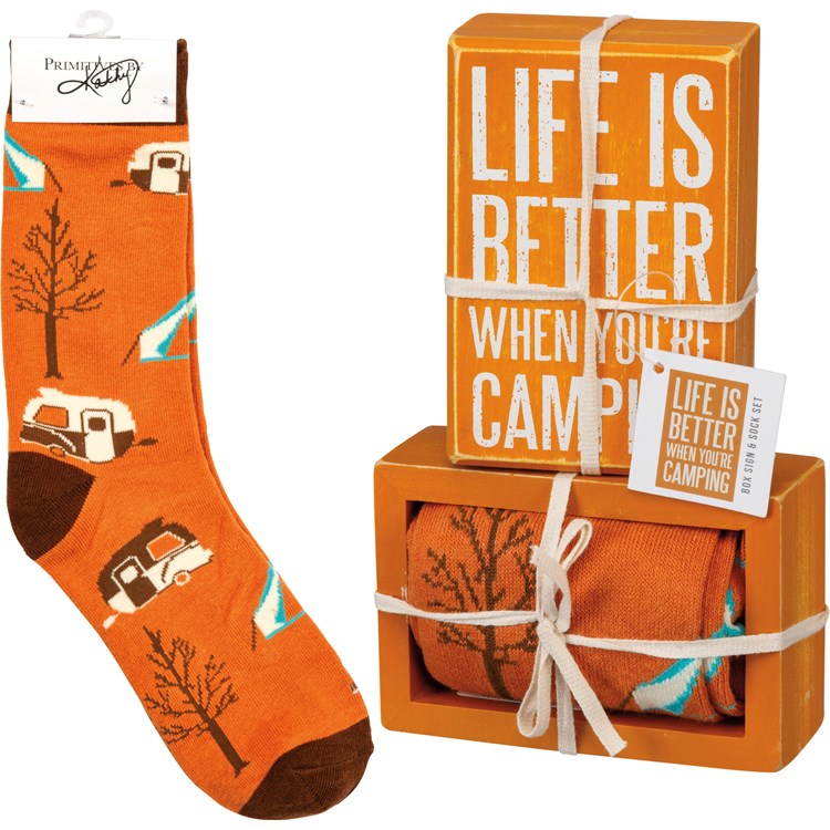 Box Sign & Sock Set - Life Is Better Camping - Box Sign: 3" x 4.50" x 1.75", Socks: One Size Fits Most - Wood, Cotton, Nylon, Spandex, Ribbon