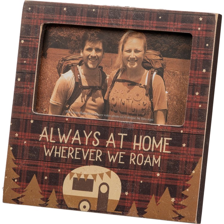 Plaque Frame - At Home Wherever We Roam - 6" x 6" x 0.50", Fits 5" x 3" Photo - Wood, Paper, Metal, Glass