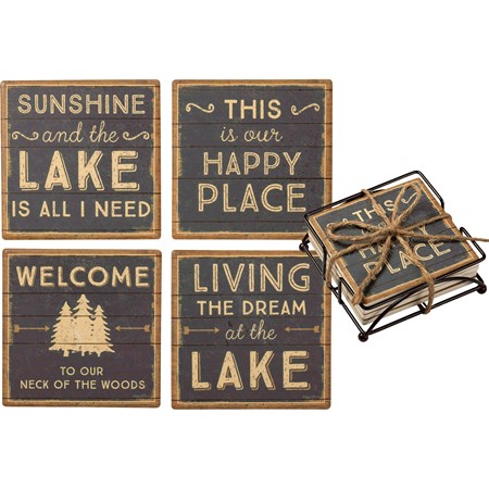 Coaster Set - This Is Our Happy Place - Lake - 4" x 4" x 1.50" - Stone, Metal, Cork