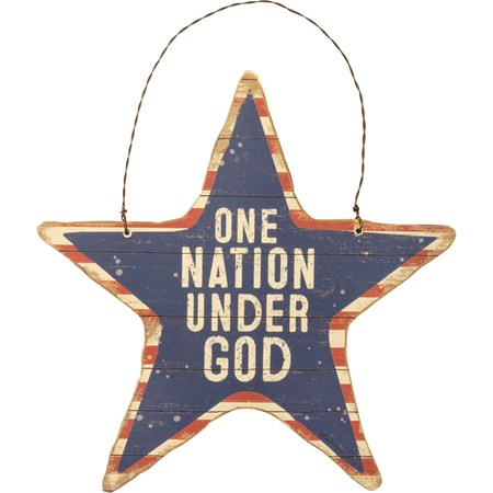 Hanging Decor - One Nation Under God - 8" x 8" x 0.25" - Wood, Paper, Wire