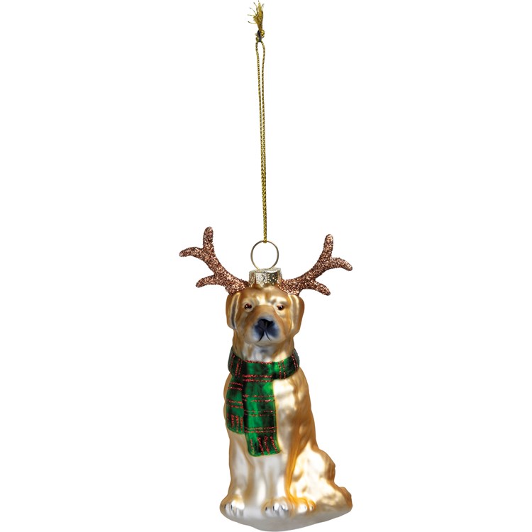 Glass Dog And Antlers Ornament - Glass, Metal, Plastic, Glitter