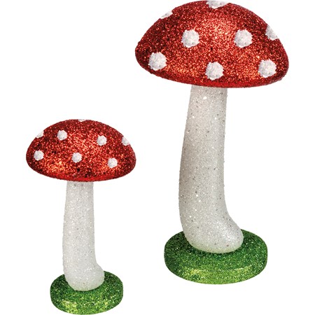 Figurine Set - Mushroom - 3.50" Diameter x 6.50", 2.50" Diameter x 4.50" - Plastic, Glitter