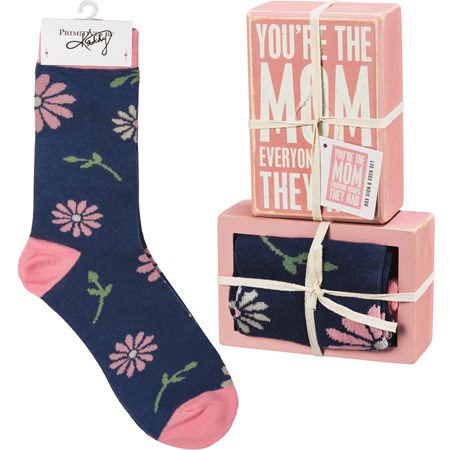 Box Sign & Sock Set - You're The Mom - Box Sign: 4.50" x 3" x 1.75", Socks: One Size Fits Most - Wood, Cotton, Nylon, Spandex, Ribbon