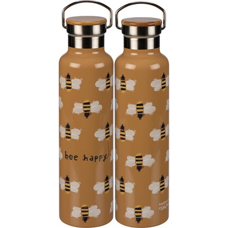 Insulated Bottle - Bee Happy - 25 oz., 2.75" Diameter x 11.25" - Stainless Steel, Bamboo