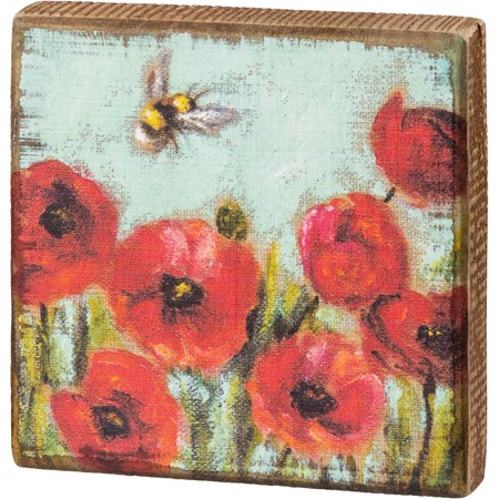 Block Sign - Red Poppies - 5" x 5" x 1" - Wood