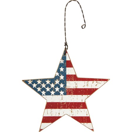 Flag Star Ornament - Wood, Wire