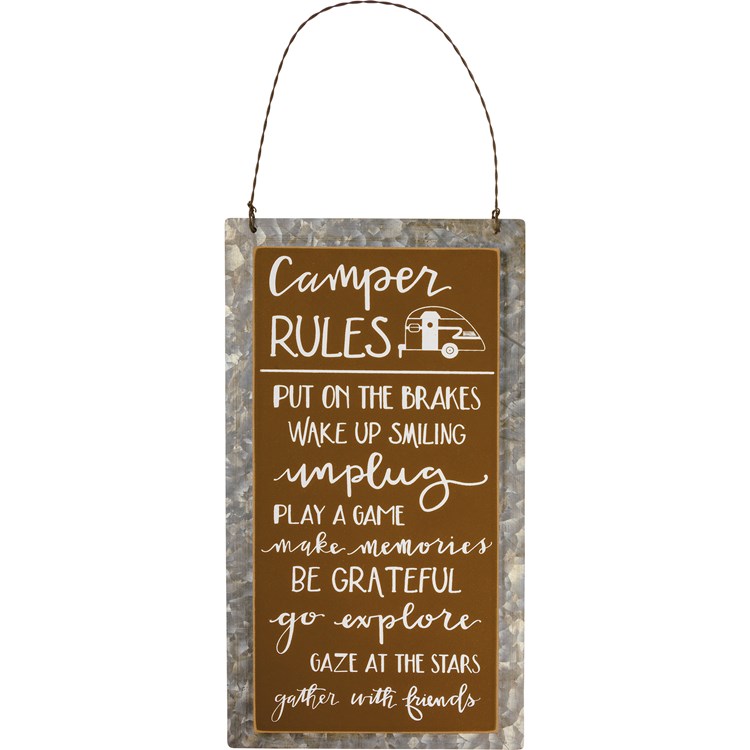 Hanging Decor - Camper Rules - 5.25" x 9.50" x 0.25" - Wood, Metal, Wire