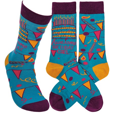 Socks - Awesome Birthday Girl - One Size Fits Most - Cotton, Nylon, Spandex