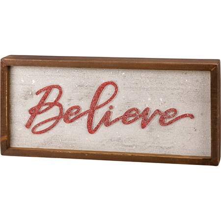 Inset Box Sign - Believe - 13" x 6" x 1.75" - Wood, Mica