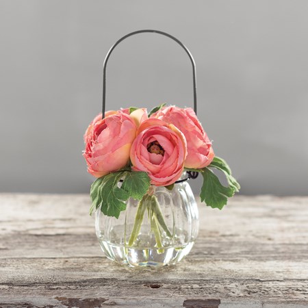 Vase - Pink Ranunculus - 5.50" x 5.50" x 5" - Glass, Plastic, Fabric, Wire