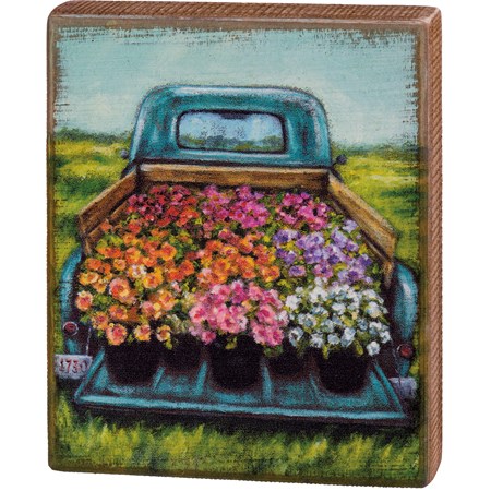 Box Sign - Blue Truck With Flowers - 6.50" x 8" x 1.75" - Wood