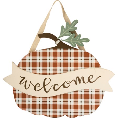 Hanging Decor - Welcome - 10" x 10.50" x 0.50" - Wood, Fabric, Wire