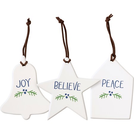 Ornament Set - Peace Believe Joy - 4" x 4", 3.25" x 4", 2.75" x 4" - Wood, Leather