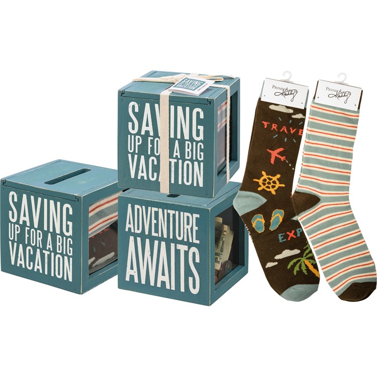 Bank & Socks Set - Saving Up For A Big Vacation - Bank: 4.25" x 4.25" x 4.25", Socks: One Size Fits Most - Wood, Glass, Cotton, Nylon, Spandex, Ribbon
