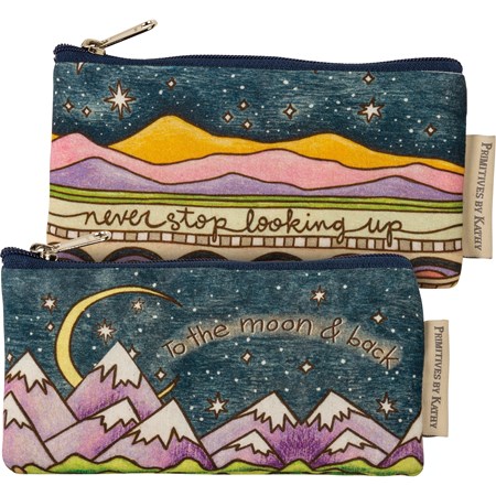 Everything Pouch Set - Never Stop Looking Up - 7" x 3.50" - Cotton, Faux Leather, Metal