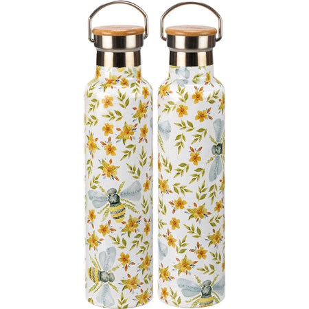 Insulated Bottle - Floral Bees - 25 oz., 2.75" Diameter x 11.25" - Stainless Steel, Bamboo