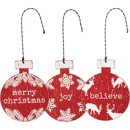 Ornament Set - Joy Believe Merry Christmas - 3" x 3.75" x 0.25" - Wood, Wire