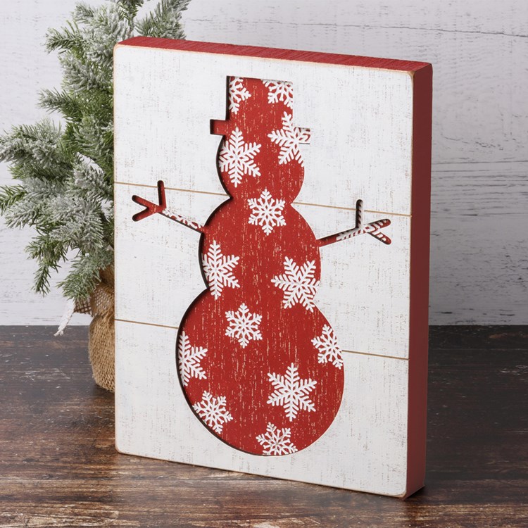 Snowflake Snowman Slat Box Sign - Wood