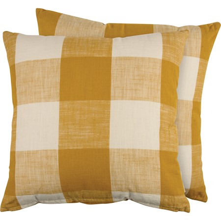 Pillow - Gold & Cream Check - 18" x 18" - Cotton, Zipper