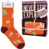 Box Sign & Sock Set - Never Stop Exploring - Box Sign: 4.50" x 3" x 1.75", Socks: One Size Fits Most - Wood, Cotton, Nylon, Spandex, Ribbon