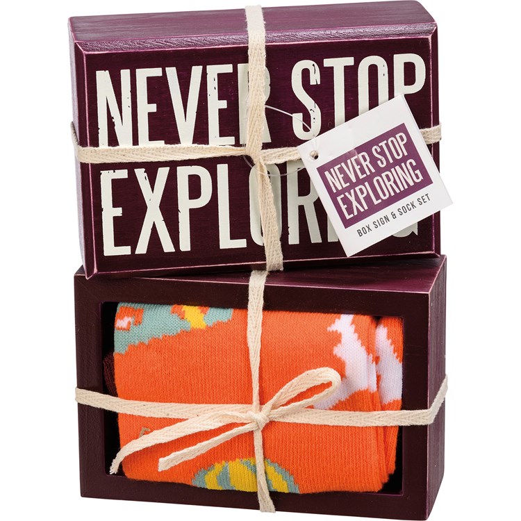 Box Sign & Sock Set - Never Stop Exploring - Box Sign: 4.50" x 3" x 1.75", Socks: One Size Fits Most - Wood, Cotton, Nylon, Spandex, Ribbon