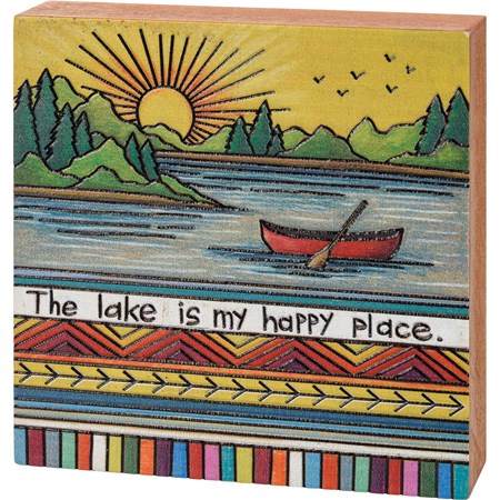 Block Sign - The Lake Is My Happy Place - 4" x 4" x 1" - Wood