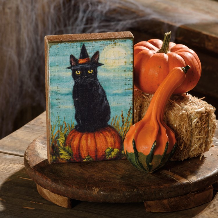 Cat Witch Block Sign - Wood