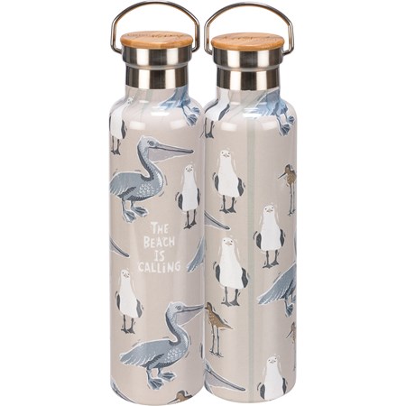 Insulated Bottle - The Beach Is Calling - 25 oz., 2.75" Diameter x 11.25" - Stainless Steel, Bamboo