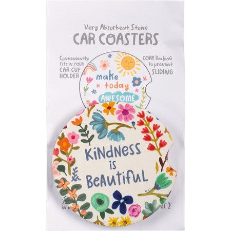 Car Coasters - Kindness - 2.50" Diameter x 0.25" - Stone, Cork