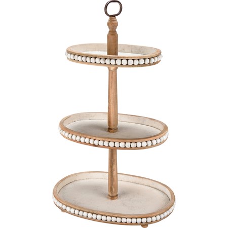 Three Tiered White Oval Tray - Wood, Metal