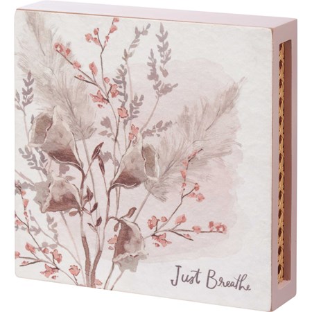 Box Sign - Just Breathe - 8" x 8" x 1.75" - Wood, Paper, Faux Rattan