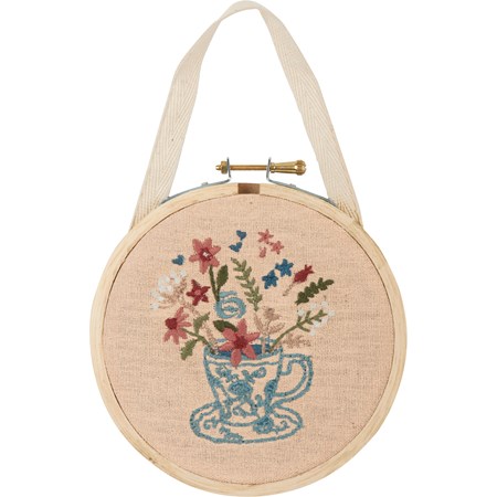Teacup And Flowers Hand Embroidered Hoop - Cotton, Linen, Wood, Metal