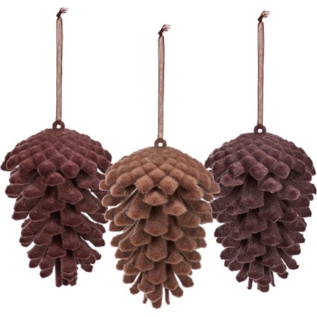 Medium Pinecone Ornament Set - Plastic, Flocking, Ribbon