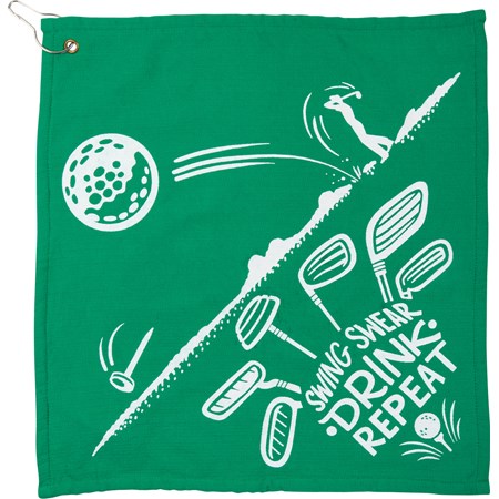Golf Towel - Swing Swear Drink Repeat - 16" x 16" - Cotton, Terrycloth, Metal
