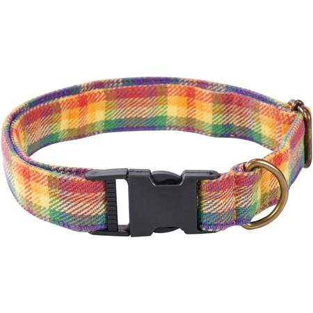 Rainbow Plaid Dog Collar - Canvas, Cotton, Plastic, Metal